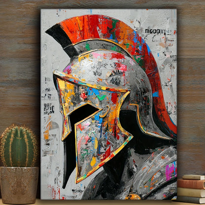 1pc Framed Spartan Helmet Canvas Art - 12x16 Inch HD Oil Painting, Bold Warrior Design with Red & Golden Accents, Modern Home Decor for Living Room, Bedroom, Office - Urban Graffiti Style, Canvas Wall Art, Bedroom Artwork, De