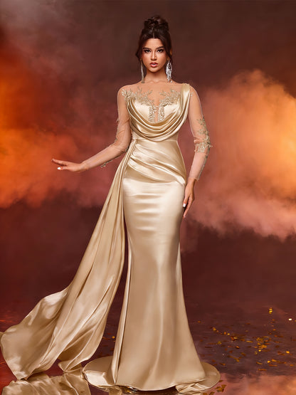 Elegant Long Ladies' Gown with Lace Detail | Solid Color, Contrast Mesh, Long Sleeve, Gown Hem, Ideal for Christmas, Birthday, Graduation, Travel