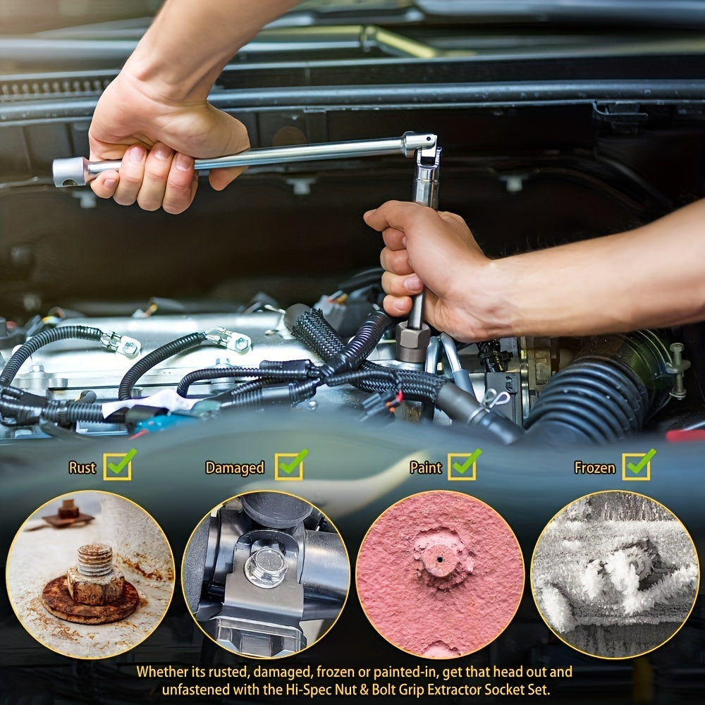 15pcs Nut Extractor Set, 13pcs Bolt And Nut Remover, 1pc Iron Bar (If The Nut Is Still Stuck In The Sleeve When Removing It, Use It To Knock It Out), 1pc 1/4 '' To 3/8 "drive Hexagonal Socket Adapter