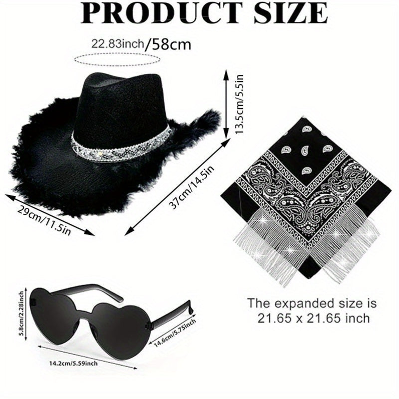3pcs Western Cowboy Hat Set Unisex Rhinestone Cowboy Hats with Wide Brim Cowgirl Hat Eyeglass and Scarf Set Festival Cowboy Costume Accessories for Weddings and Outdoor Events