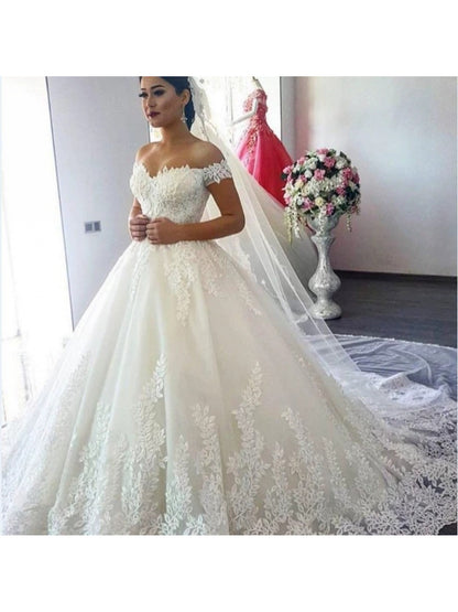 Sweep Train Wedding Dress | New White, Off the Shoulder, Fit and Flare, Elegant Style, Contrast Lace Detail, Perfect for Adult, Covering Belly for Pregnant Women