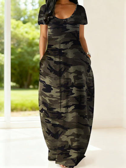 Plus Size - This Is a Maxi Dress for Plus-Size Women Featuring Short Sleeves And a Camo Print. It Has a U-Neck Design And Is Perfect for Casual Outings, Daily Wear, And Bohemian Styles During Spring And Summer. The Dress High