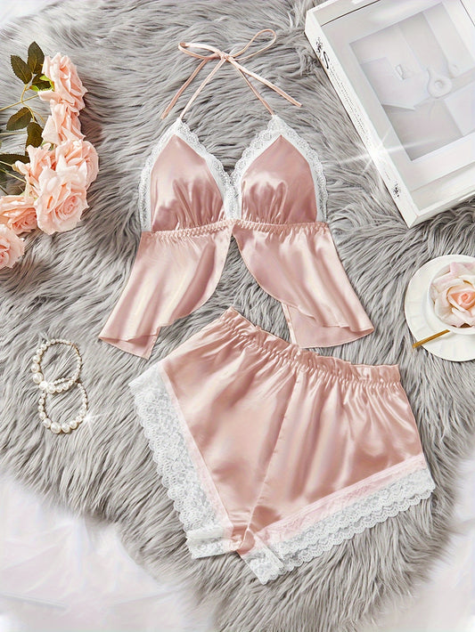 Lace Splicing Solid Color Neck Set, Slit Deep V-Neck Top, High Waist Shorts, Women'S Pajamas, Loungewear, Soft Polyester Blend, Loungewear Set, Bedtime Outfit, Deep Vneck Design, Elegant Loungewear, Lightweight Pajamas, Comfo