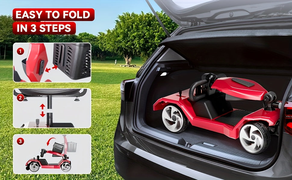 HOMYKING Red Travel-Friendly HOMYKING Foldable 4-Wheel Electric Scooter, 250W Power + Dual Suspension, 15 Miles Range + Front Brake, Detachable Basket + Front Light, for Adults/Elders, 265lbs Capacity, Foldable Scooter, Mobil