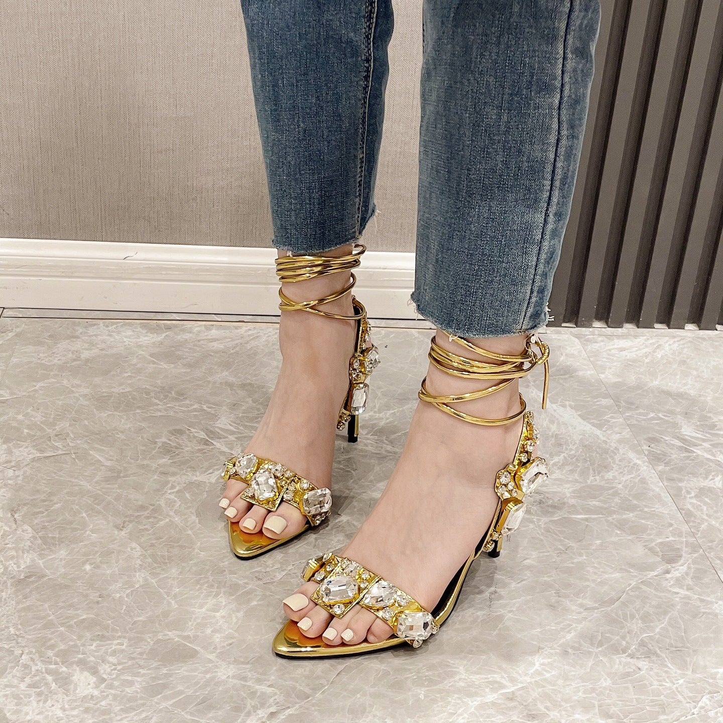 Women'S Rhinestone-Adorned Cross Strap Open-Toe High Heel Sandals - Ultra-High Stiletto Heels, PU Cover Upper & Lining, European & American Style Elegant Party & Formal Dress Shoes with Cushioned Insole, Durable Rubber Sole -