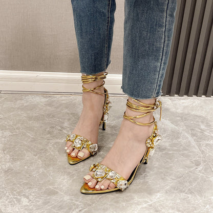 Women'S Rhinestone-Adorned Cross Strap Open-Toe High Heel Sandals - Ultra-High Stiletto Heels, PU Cover Upper & Lining, European & American Style Elegant Party & Formal Dress Shoes with Cushioned Insole, Durable Rubber Sole -
