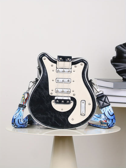 Women's & Unisex Y2K Retro Music-Themed Bass Guitar-Shaped Crossbody Bag with Detachable Strap, Golden-Tone Hardware & Zipper Closure - Band Style Handbag for Musicians & Music Lovers (Red/Black) - 2024 New Design with Chain