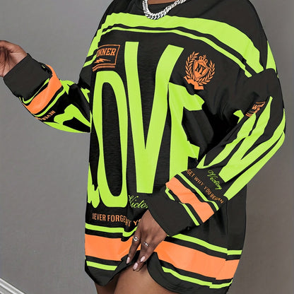 Plus Size - This Plus-Size Women'S American Street Style Long-Sleeve Top Features a Large 'LOVE' Letter Print That Is Eye-Catching. with Text And Stripe Elements, It Exudes a Strong Sense of Fashion. The Loose Fit Is Friendly