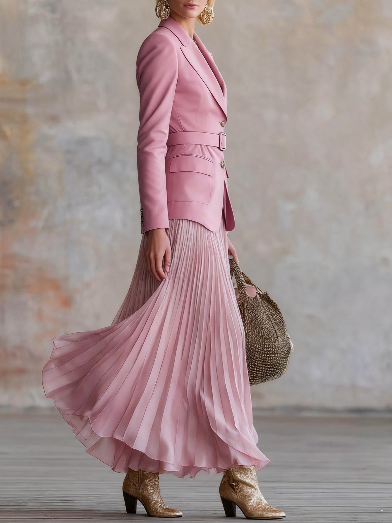 Women'S Elegant Pink Blazer with Waist Definition And Gradient Pleated Maxi Skirt Set | Ideal for Casual Events, Dates, And Subtle Vintage Styles