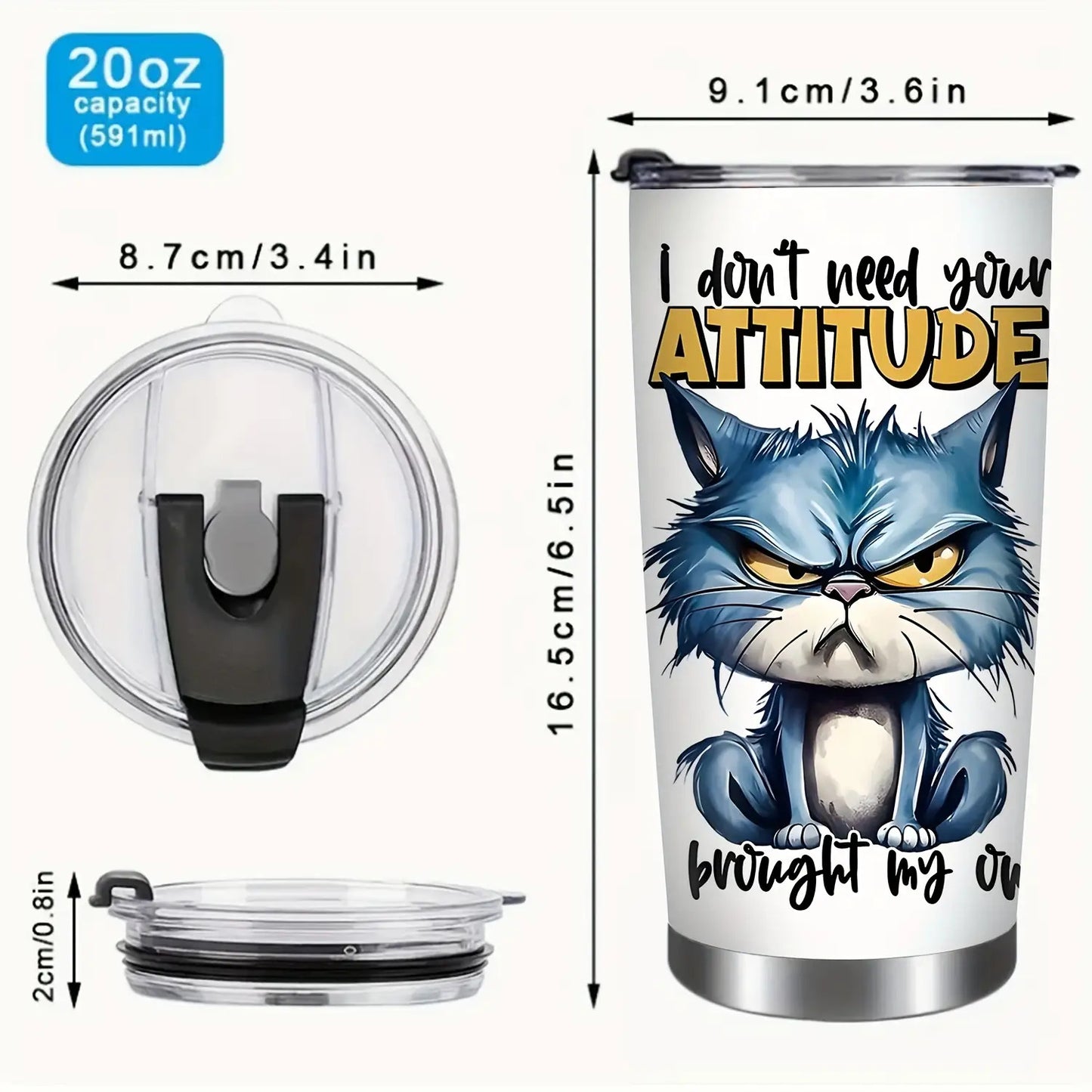1pc 20oz Stainless Steel Tumbler with Lid - Double-Wall Vacuum Insulated Cup, Leakproof & -Slip Grip, Funny Grumpy Design with "I Don't Need Your ATTITUDE" Slogan, Hot/Cold Beverage for Office, Travel, Camping, School - Gift