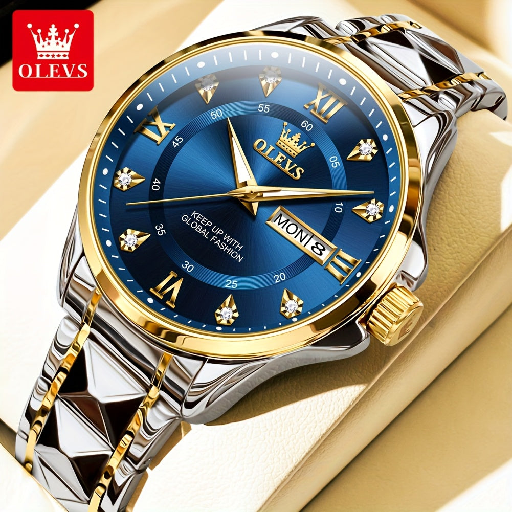 OLEVS Men's Luxury Business Chronograph Watch - Stainless Steel Dual Date & Day Calendar, Luminous Hands, Quartz Movement, Black Dial with Golden Accents for Formal & Casual Wear, Professional Timepiece, Sophisticated Style,
