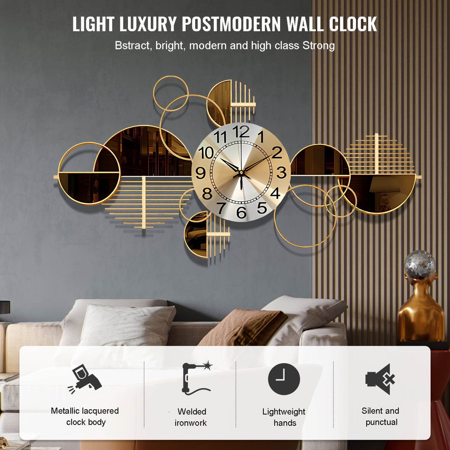 Metal Wall Clock Decorative 3D Metal Wall Art Clock For Living Room Bedroom Creative Modern Big Wall Clock Decor With Silent No-Ticking 31 X 17 Inch