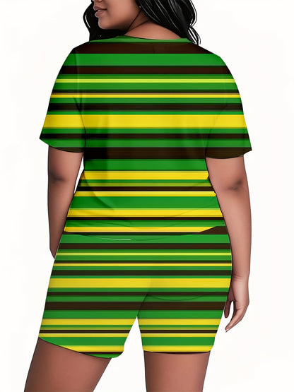 Women'S Summer Casual Two-Piece Set - Color Block Striped Round Neck Short Sleeve Top & Shorts, Polyester Blend, Machine Washable