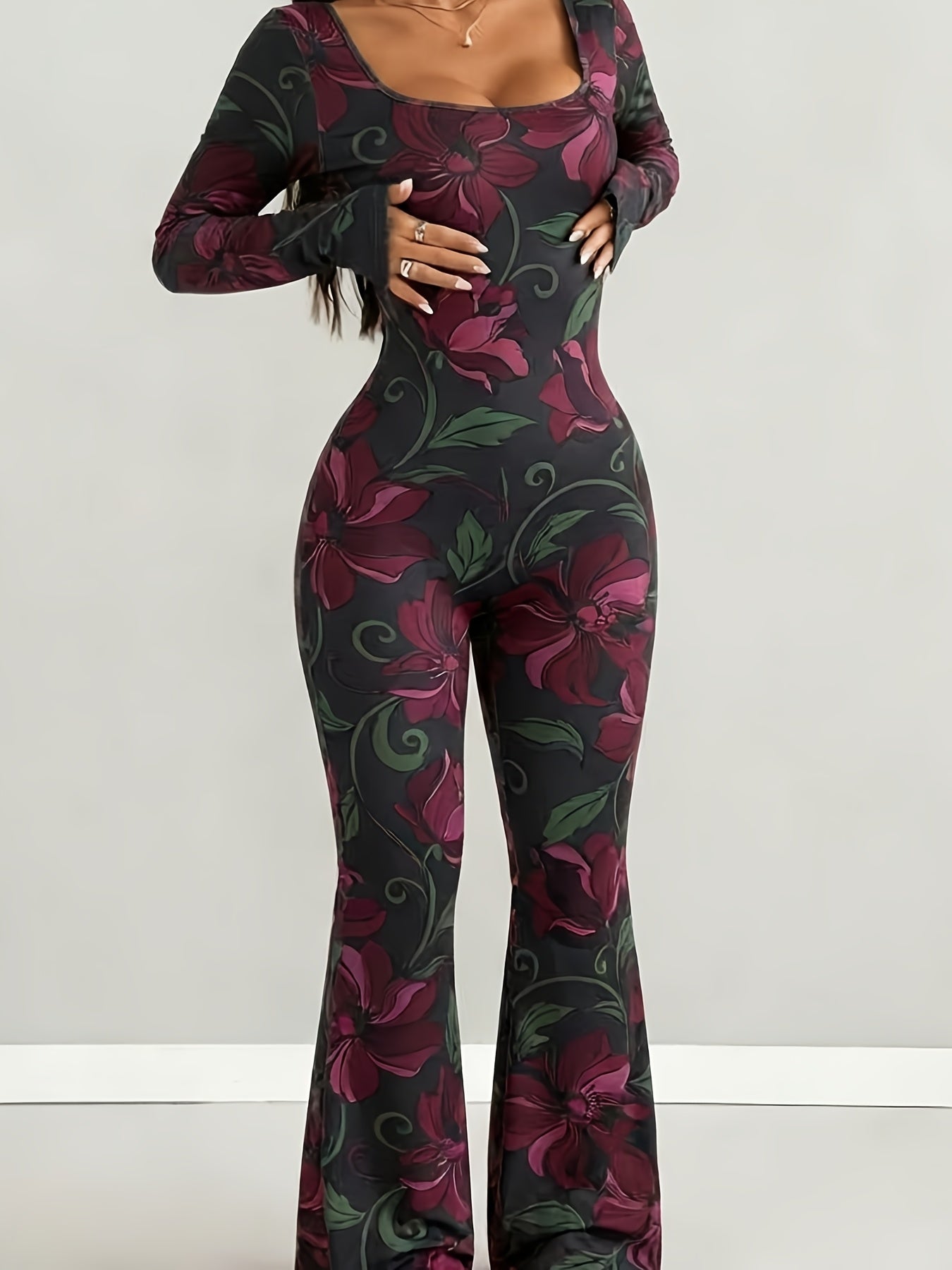 Women'S Jumpsuit Set | Casual Fashionable Sexy, Loose U-Neck Cut, Slim Fit, Burgundy Rose Print, Long Sleeve Flared Leg, Versatile Use, Suitable for Multiple Occasions & Seasons, Ideal for Outdoor