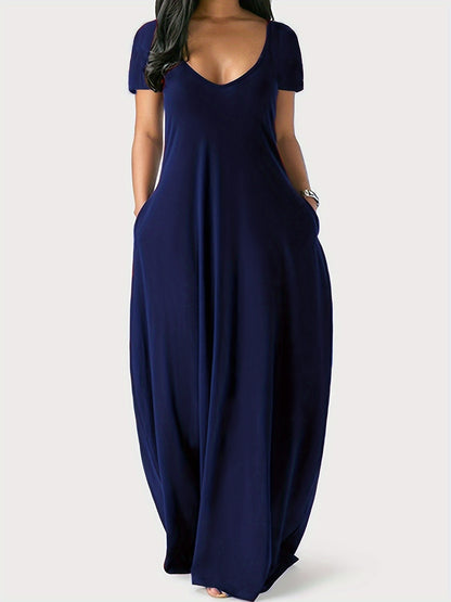 Solid Simple Dress, Casual Short Sleeve Maxi Dress With Pockets, Women's Clothing