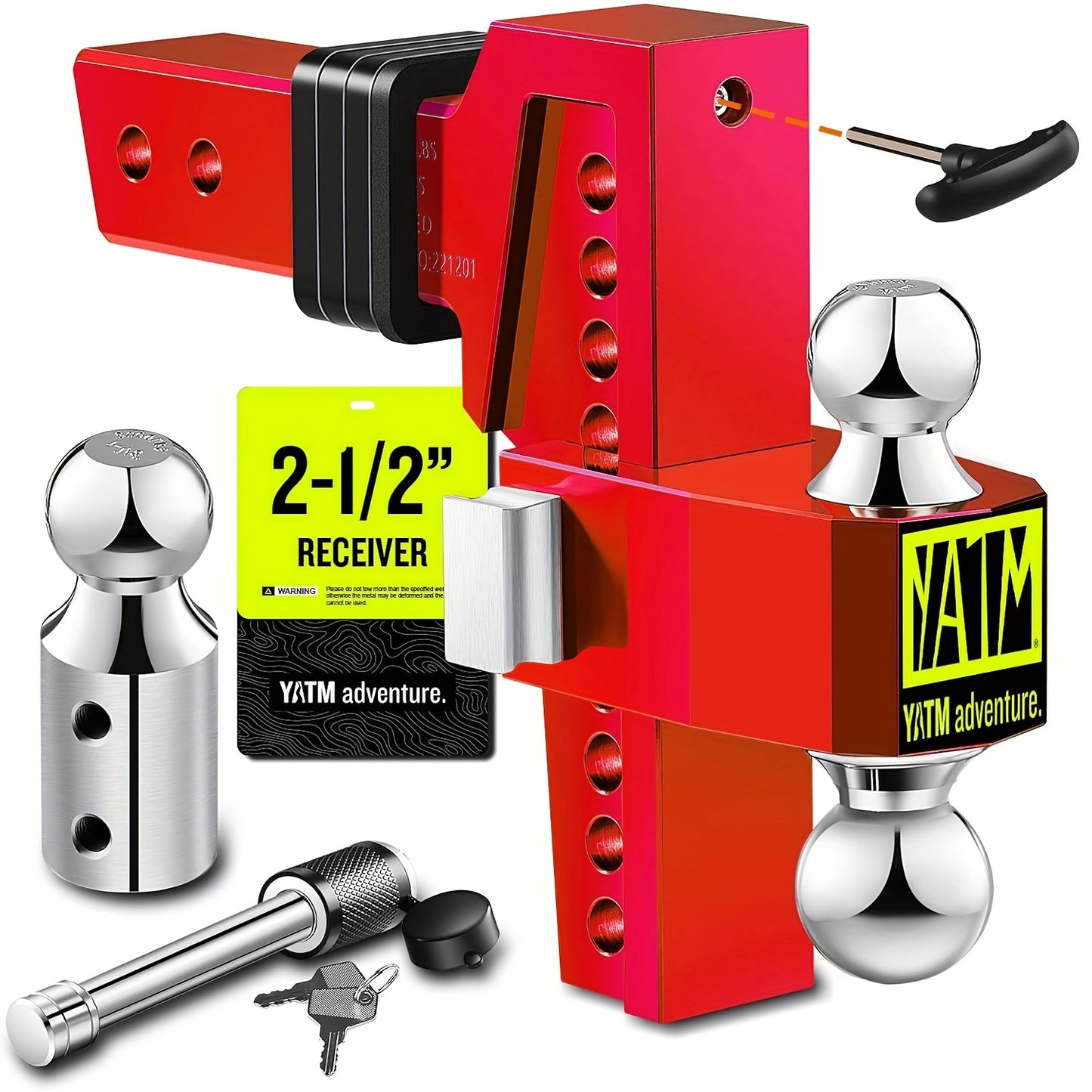 Heavy-Duty Adjustable Trailer Hitch - Fits 2.5" Receiver, 8" Drop/Rise, 1-7/8" & 2" & 2-5/16" Balls, 18, 500 LBS GTW Capacity, Anti-Theft Pin, Aluminum Construction - Compatible with Trucks, RVs, Trailers - Red Hitch for Easy