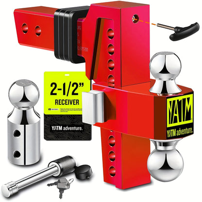 Heavy-Duty Adjustable Trailer Hitch - Fits 2.5" Receiver, 8" Drop/Rise, 1-7/8" & 2" & 2-5/16" Balls, 18, 500 LBS GTW Capacity, Anti-Theft Pin, Aluminum Construction - Compatible with Trucks, RVs, Trailers - Red Hitch for Easy
