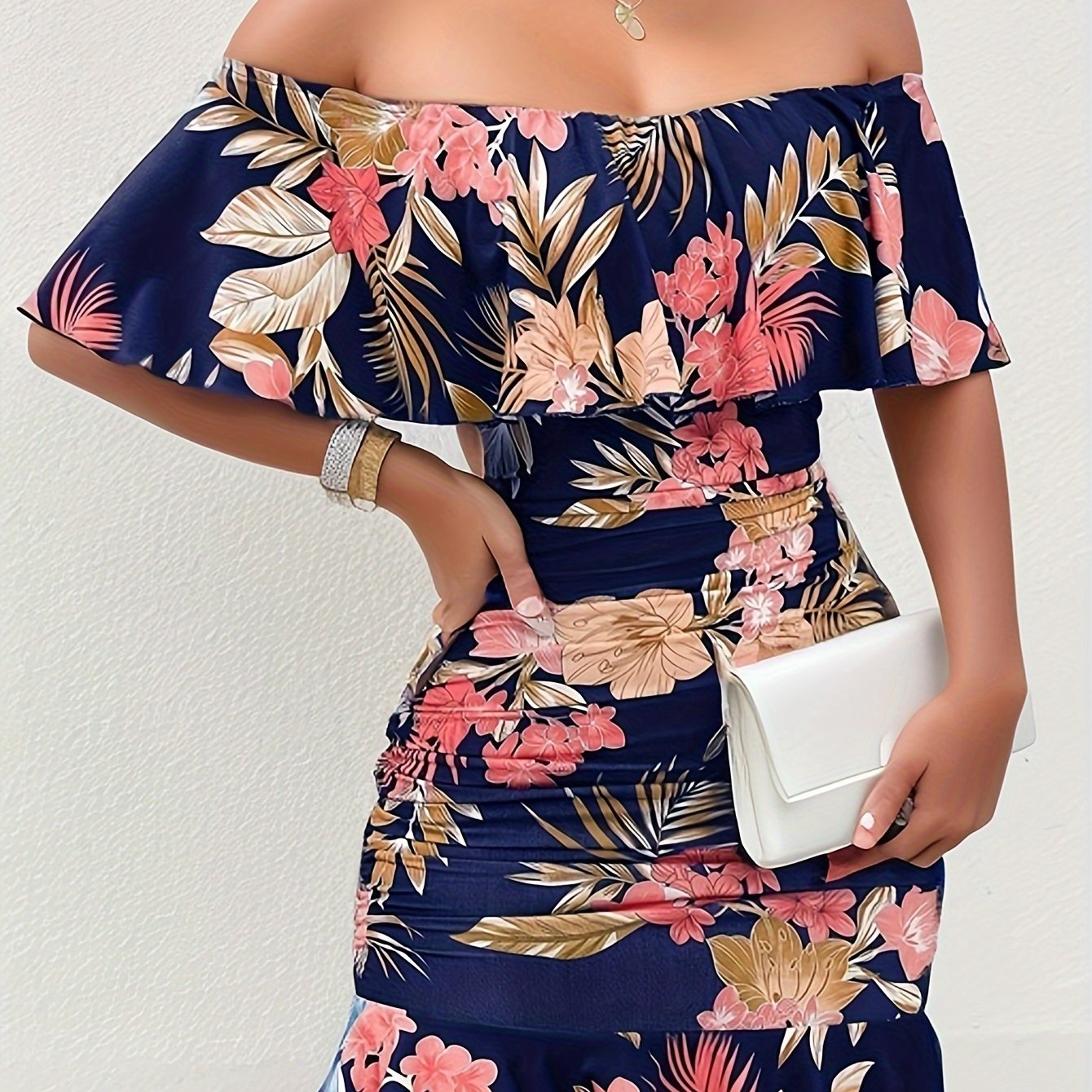 Floral Print Off Shoulder Dress, Sexy Ruched Bodycon Dress For Spring & Summer, Women's Clothing