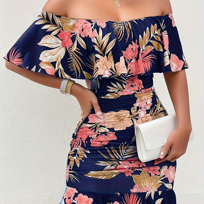 Floral Print Off Shoulder Dress, Sexy Ruched Bodycon Dress For Spring & Summer, Women's Clothing