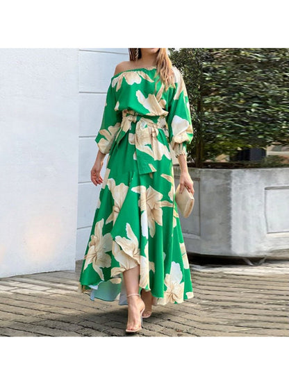 2026 Spring New Temperament Elegant Print Long Sleeve Slanted Collar Loose Dress Spring Spring Wear Spring Fashion Women's Spring and Summer Dresses Spring and Summer Dresses Women's Dresses Suitable for Bridesmaids Prom Outf