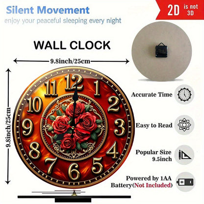 10 Inch Golden Rose Medallion Silent Wall Clock - Golden & Burgundy Roman Numeral Round Clock with Red Hands, Large Black Center, Battery Operated Wood Frame - Easy-Read Seconds Display for, Office, Cafe, Bedroom - Elegant Ti