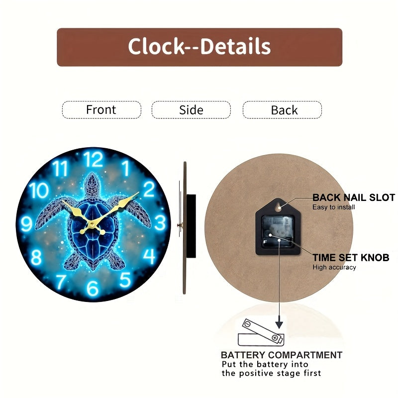 1pc JFHT Round Wall Clock, Dreamy Sea Turtle Design, Silent Non-Ticking Wooden Clock, Ideal for Bedroom, Living Room, Office, Kitchen, Bathroom - Battery Operated (Batteries Not Included), Kitchen Timepiece|Artistic Wall Cloc