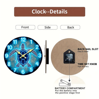 1pc JFHT Round Wall Clock, Dreamy Sea Turtle Design, Silent Non-Ticking Wooden Clock, Ideal for Bedroom, Living Room, Office, Kitchen, Bathroom - Battery Operated (Batteries Not Included), Kitchen Timepiece|Artistic Wall Cloc