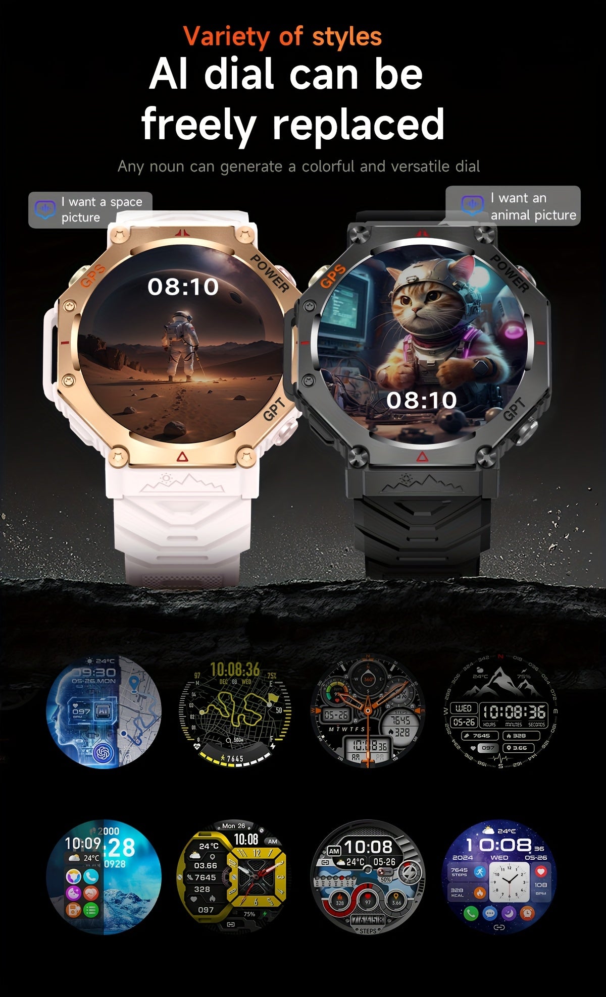 Men's Smartwatch - 1.39inch full touch HD Display, come with long range flashligh & GPS function, 530mAh large battery capacity, Wireless Calls/dial, compass, Music Control, massive sports modes, Zinc Alloy Case, Silicone and