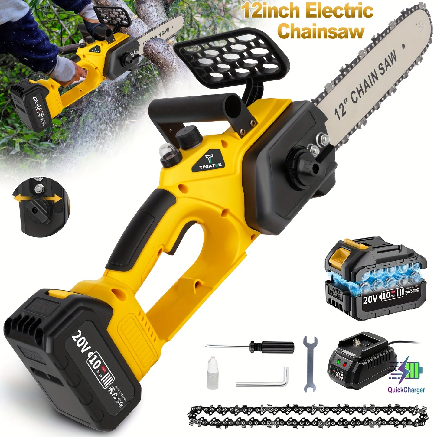 12 Inch Wireless Electric Chainsaw, Equipped With Large Capacity Battery And Fast Charger, Brushless Motor, Portable Handheld Pruning And Shearing Machine, Suitable For Home And Gardening Use