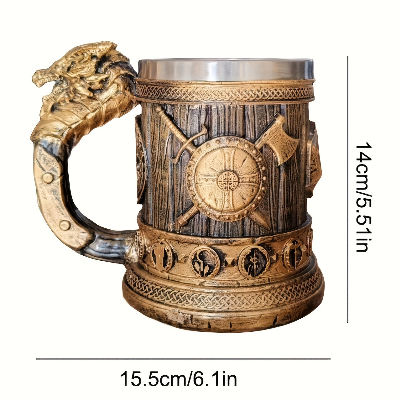 Vintage Medieval Handle Beer Mug: 600ml/20.29oz Large Capacity Stainless Steel Mug - Perfect for Summer Beverages, Coffee, or as a Men's Birthday Gift - Hand Wash Only - Resin Cup Collection