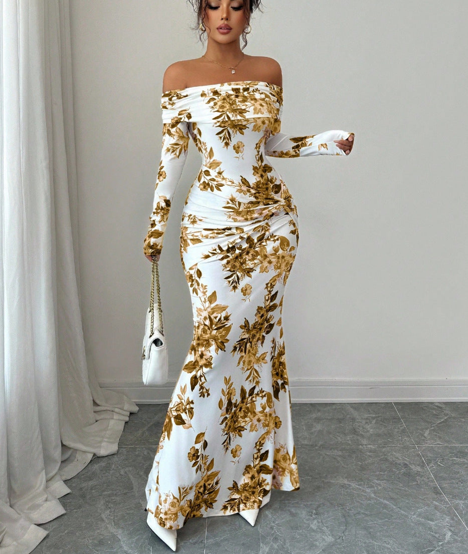 LUCKFOX Women's Clothing 2026 Waist and Thin Spring Early Spring Women's Clothing New Models, Daily Wear, Enjoy Elegant and Beautiful Printed Long Dress Temperament Slim One-word Shoulder Long-sleeved Dress Women Are Now