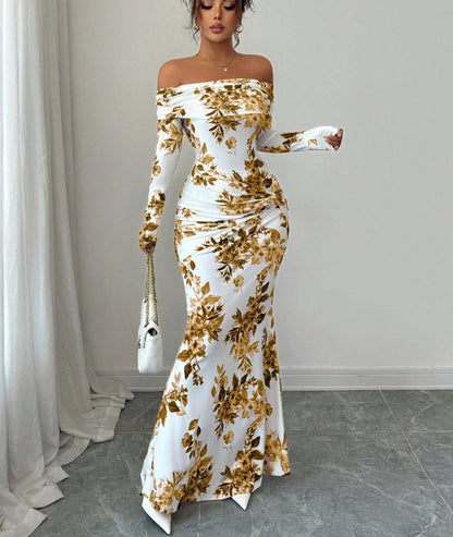 LUCKFOX Women's Clothing 2026 Waist and Thin Spring Early Spring Women's Clothing New Models, Daily Wear, Enjoy Elegant and Beautiful Printed Long Dress Temperament Slim One-word Shoulder Long-sleeved Dress Women Are Now