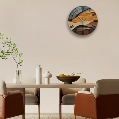 12-Inch Silent Modern Minimalist Wood Grain Wall Clock - Thickened Reinforced Glass Face, Japanese Automatic Movement, Battery-Powered (AA Battery Not Included) - Black/Beige/Brown Contemporary Round Design for Living Room, B