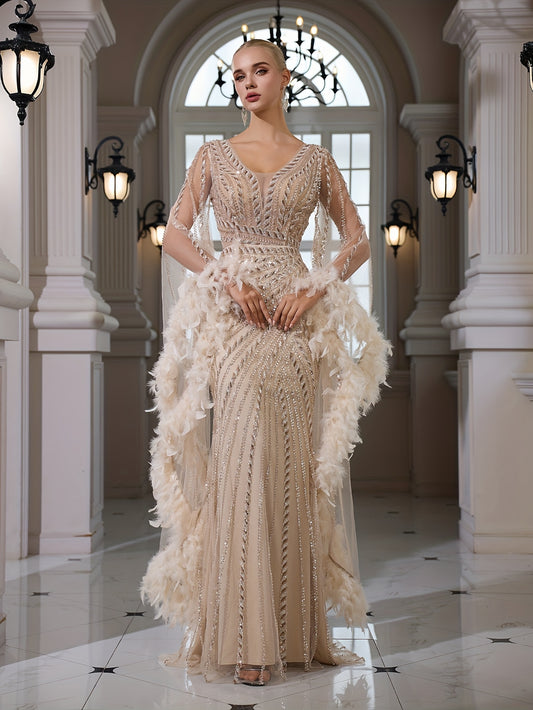 Sequined Lace V-neck Flared Long Sleeve Elegant Sexy Bodycon Mermaid Evening Gown