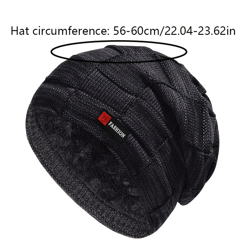Men's Black Cable-Knit Winter Hat with Ear Flaps & Red Label-Like Patch - Soft Warm Beanie for Cold Weather, Durable Textile Material, Versatile for Sports & Everyday Use - Ideal Gift for Men (Hand Wash/Dry Clean)