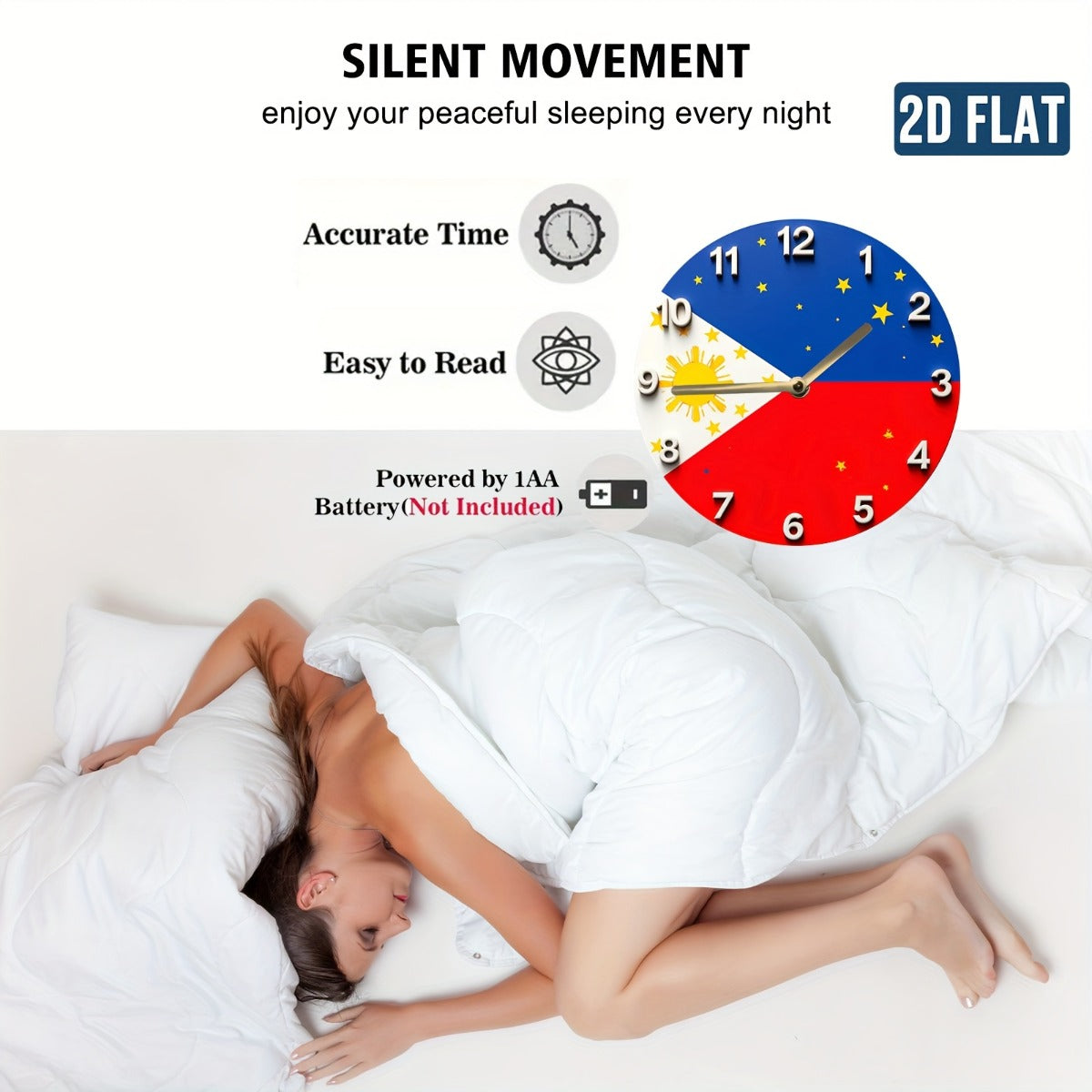 1pc Philippine Flag Wall Clock with Sun, Stars & Philippine Map - Blue face, White Hands, Red & Blue Trim - Modern Filipino Home Decor for Living Room, Bedroom, Office - Ideal Gift for Filipino Families - Battery Not Included