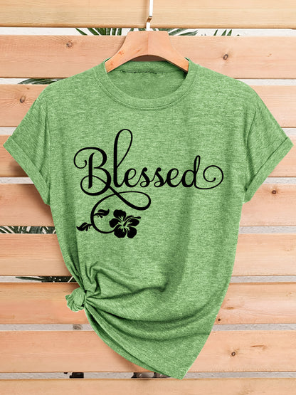 Women's Casual Short Sleeve T-Shirt - Blessed Floral Print Retro Style, Soft Stretch Round Neck Top, Machine Washable All-Season Comfort, Multi-Color Options S-XXL, Ladies T Shirts
