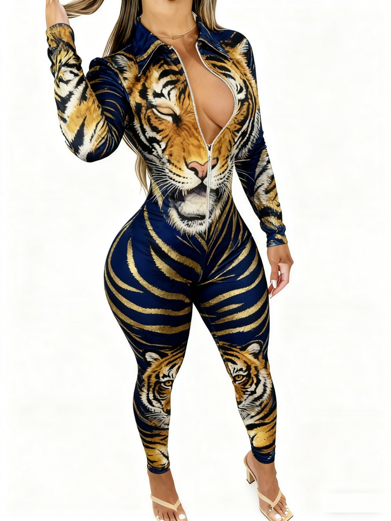 Women's Lightweight Full-Body Animal Print Jumpsuit - Zipper Front/Back Closure Long Sleeve Romper Suit, Tight-Fit Collar for all-Season Casual Wear, Machine Washable Daily Outfit & swear (Non-)
