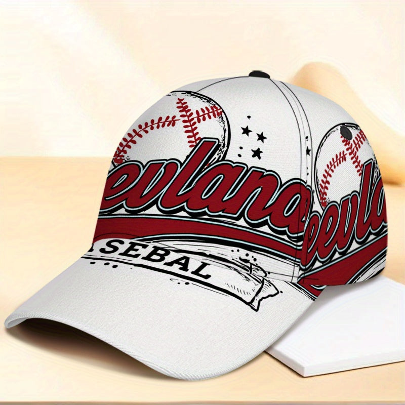 1pc 2D Cleveland Baseball Stars Print Baseball Cap - Vibrant Polyester Snapback Hat with Full-Body Print, Lightweight and Adjustable, Ideal for Running & Street Fashion.