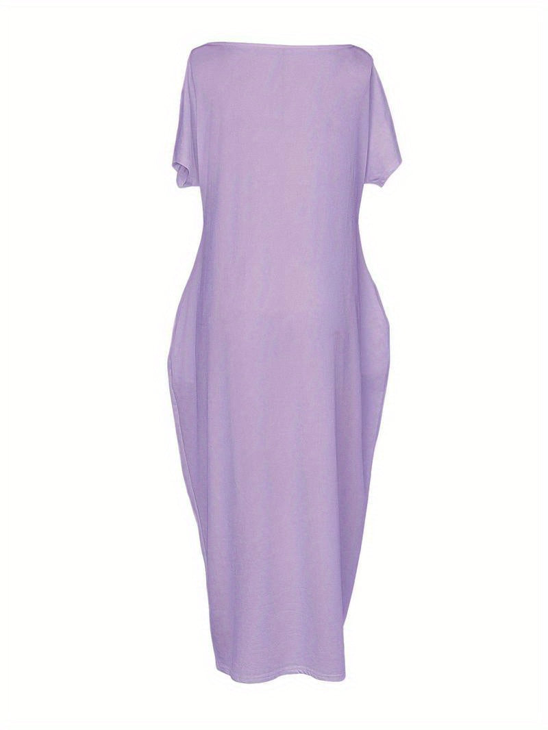 Women's Solid Color Batwing Sleeve Lounge Dress, Casual Comfy Short Sleeve Nightdress for Daily Wear, Loungewear, Ladies Sleepwear for All Seasons