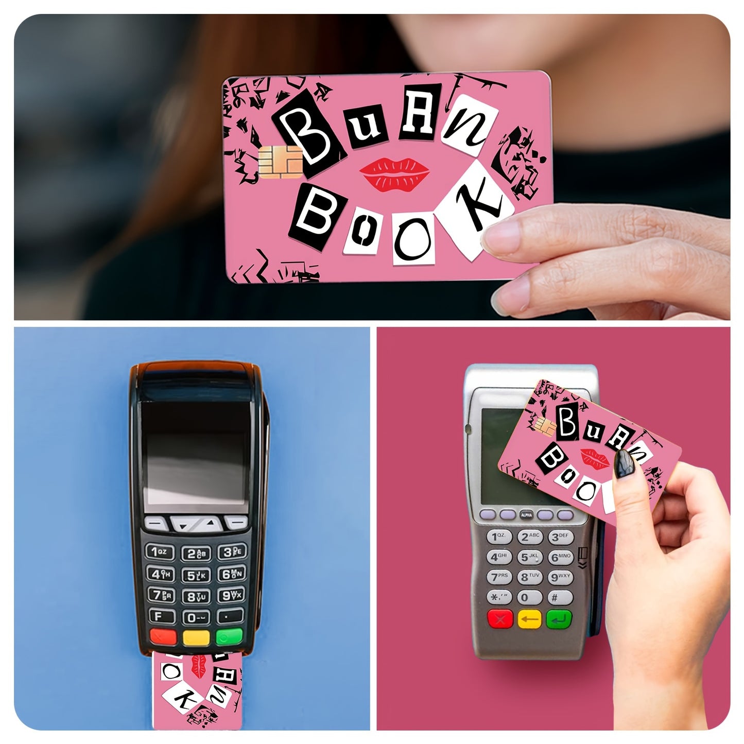 4-Pack Cute Color Block PVC Credit Card Skins - Pink & Design with "Burn Book" Text, Anti-Scratch & Waterproof Vinyl Stickers for Debit, Transit