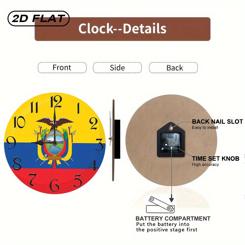 1pc Rustic Farmhouse Ecuador Flag Wooden Wall Clock, Silent Quartz Movement, Round Shape, AA Battery Operated (Not Included), Decorative Inspirational Timepiece for Kitchen, Bedroom, Living Room, Bathroom, Office - 2D Flat De