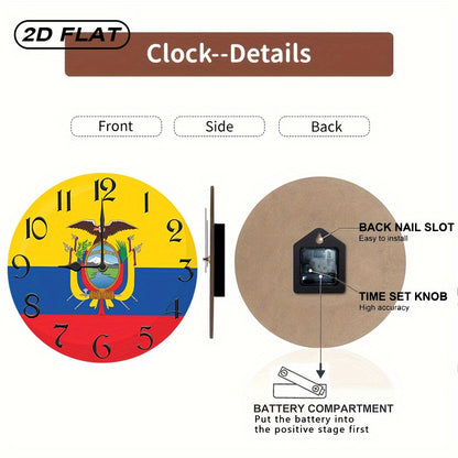 1pc Rustic Farmhouse Ecuador Flag Wooden Wall Clock, Silent Quartz Movement, Round Shape, AA Battery Operated (Not Included), Decorative Inspirational Timepiece for Kitchen, Bedroom, Living Room, Bathroom, Office - 2D Flat De