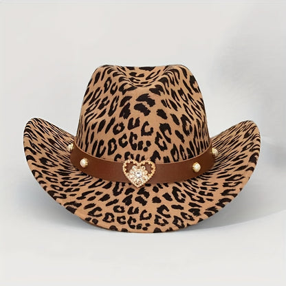 Women'S & Men'S Leopard Print Western Cowboy Hat with Detachable Heart-Shaped Felt Band - Lightweight Adjustable Snap Closure, Brown/Black/Beige/Tan Animal Print, Wide Brim for Outdoor Events, Christmas, Thanksgiving, Western