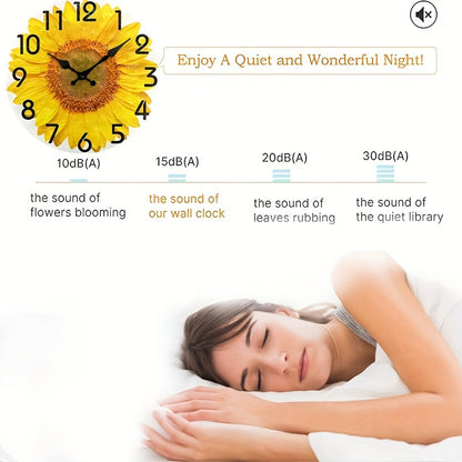 JFHT Large Sunflower Wall Clock - Silent Non-Ticking Modern Farmhouse Decor with Black Hands & Yellow Face, Easy-to-Read Large Numerals, Wood Round Clock for Living Room, Kitchen, Bedroom - (AA Battery Not Included) - Vibrant