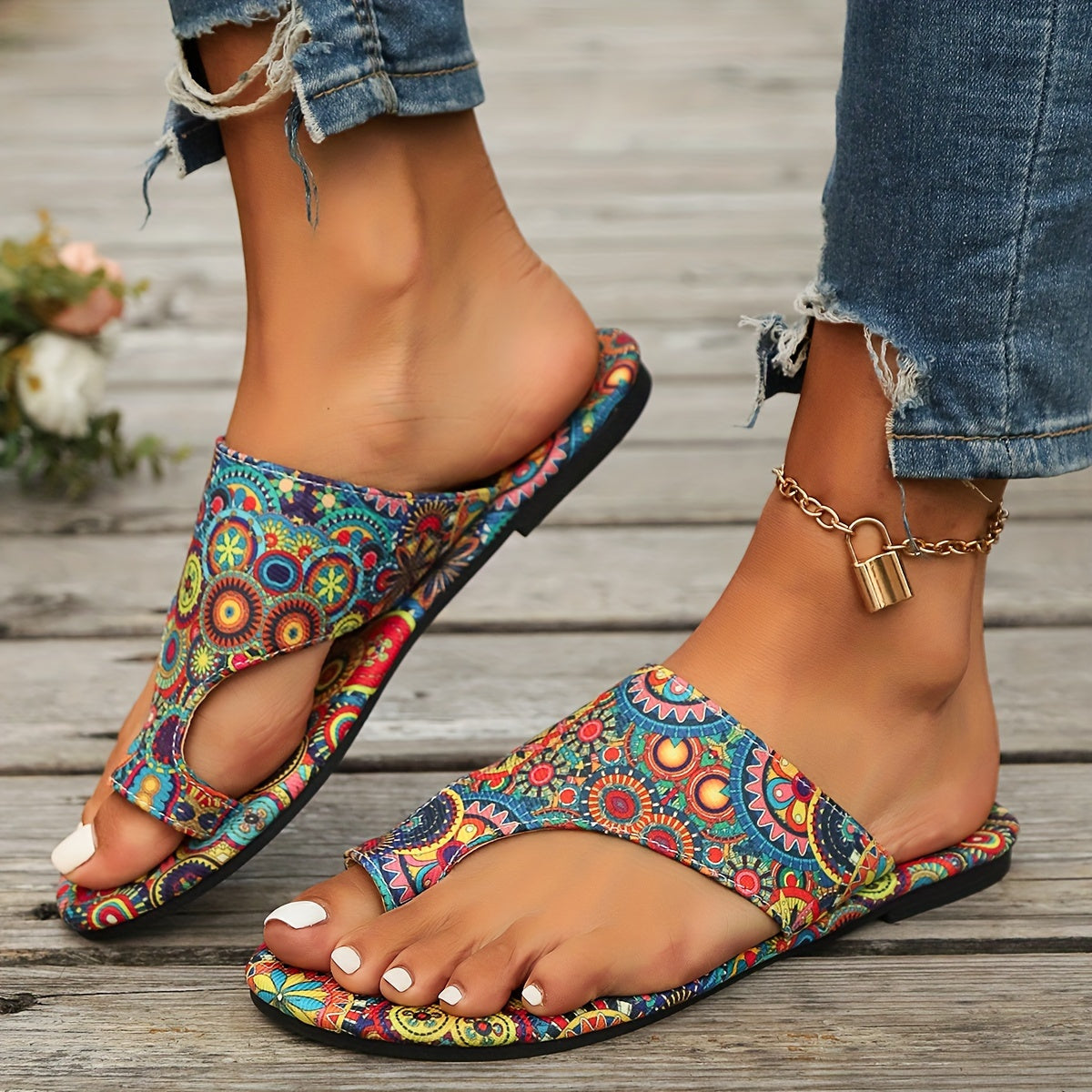 Women's Bohemian Floral Slide Sandals - Slip-On Open Toe Summer Shoes with Pink, Lightweight Flat Sandals for Beach, Casual Outfits - Easy Slip Closure & Non-Slip PU Sole, Beach Footwear