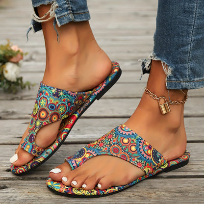 Women's Bohemian Floral Slide Sandals - Slip-On Open Toe Summer Shoes with Pink, Lightweight Flat Sandals for Beach, Casual Outfits - Easy Slip Closure & Non-Slip PU Sole, Beach Footwear