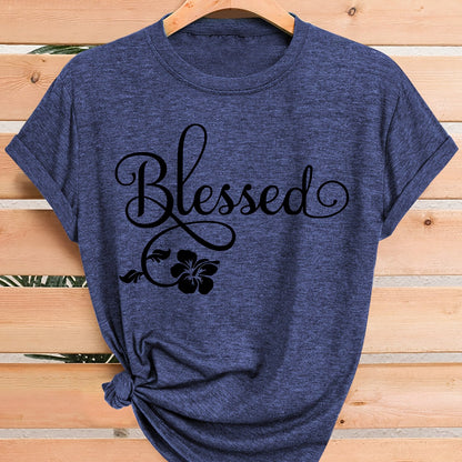 Women's Casual Short Sleeve T-Shirt - Blessed Floral Print Retro Style, Soft Stretch Round Neck Top, Machine Washable All-Season Comfort, Multi-Color Options S-XXL, Ladies T Shirts