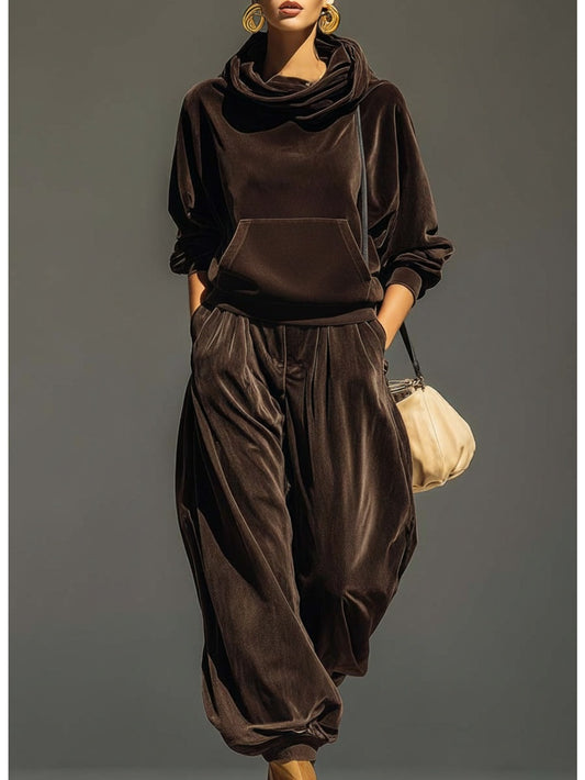 2pcs Women's Retro Hooded Sweatsuit & Cuffed Pants - Cozy Pocketed Oversuit, Hand Washable Winter Matching for Lazy Days, Vintage Loose Fit for Commuting or Lounging (No Stretch)