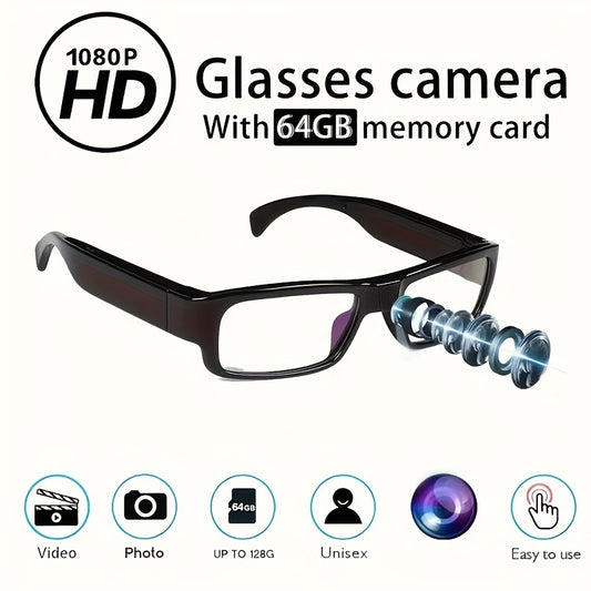 1pc Smart Glasses with Camera, 1080P HD Camera, Digital Video Recorder Camcorder Eye Protection DV Camera glasses Video glasses, Recording Portable Camera Ultra Clear Camera Glasses with 64GB Memory Card, Long-lasting battery